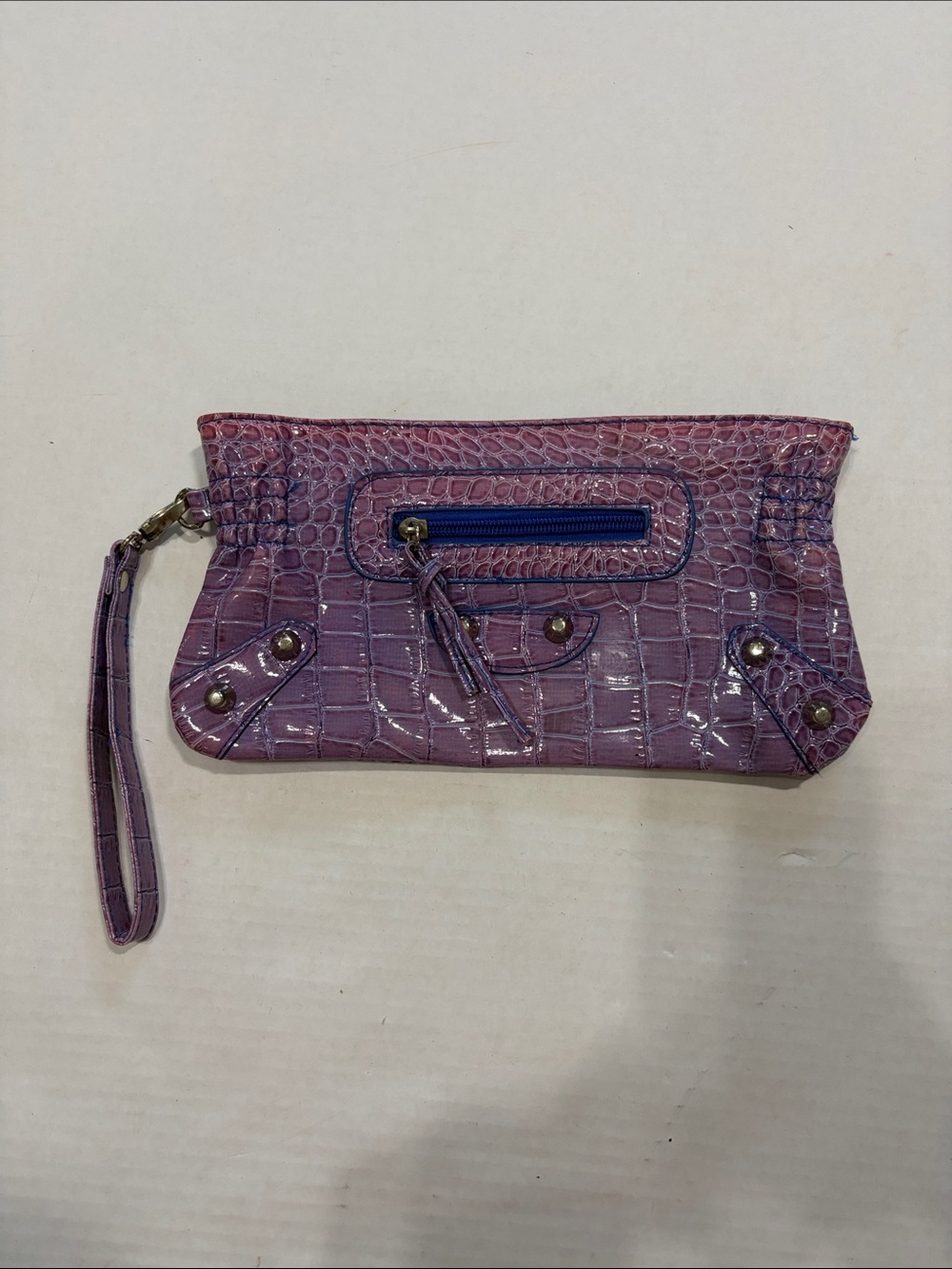 Purple Croc-Embossed Wristlet Clutch